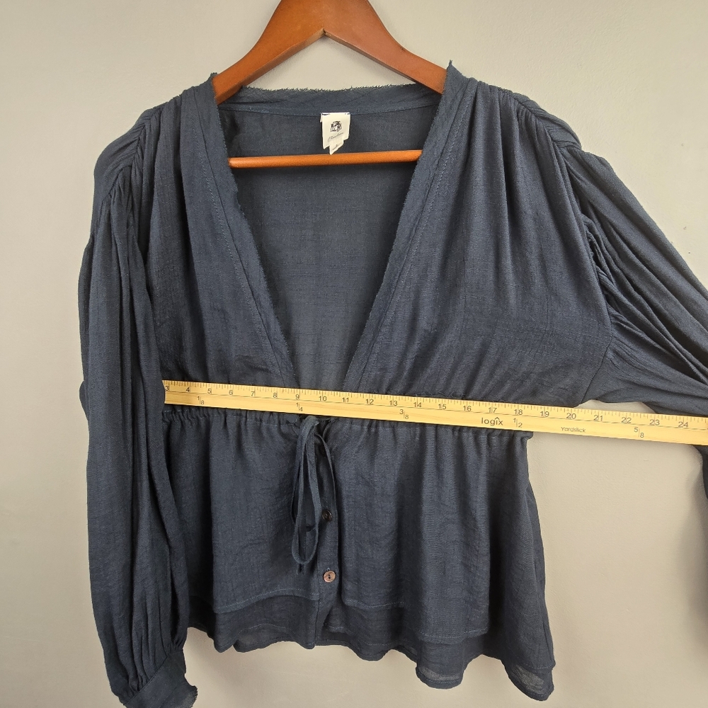 Flawless Drawstring Peasant Blouse V-neck Blue Womens Size S Boho Cottagecore - Picture 8 of 8